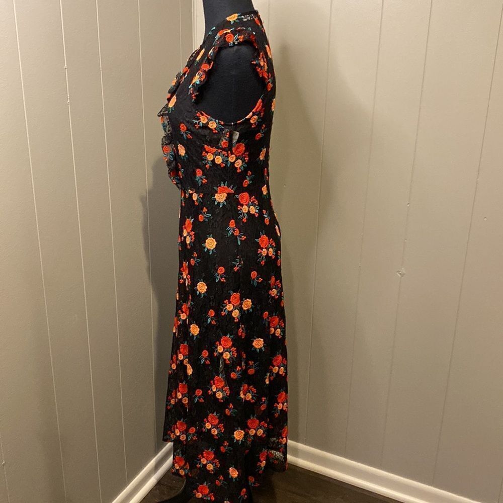 Zara Extra Small Black Lace Floral Midi Dress Black Underlining Long Ruffles - Picture 3 of 8
